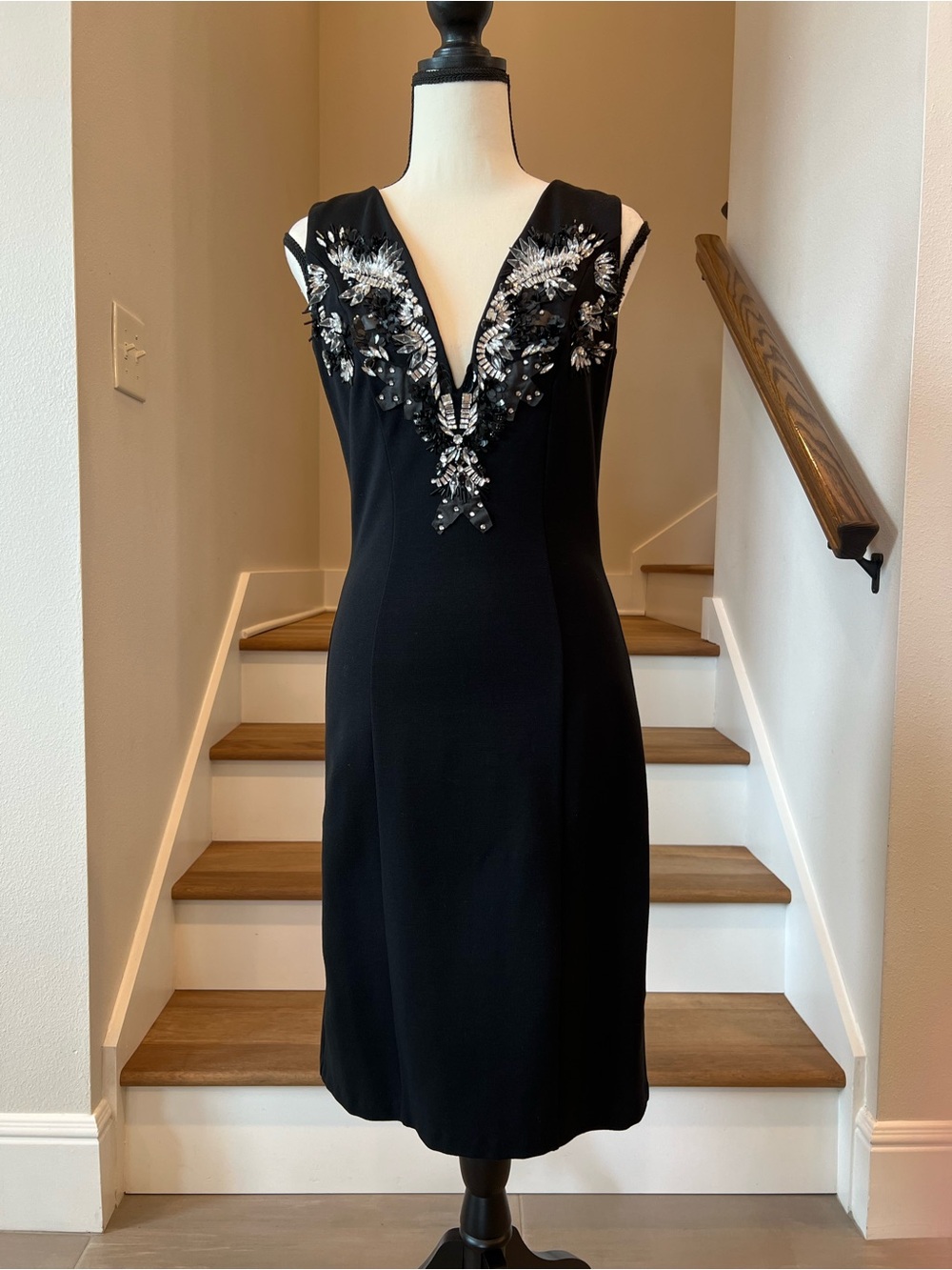 Embellished Black V-Neck Midi Dress